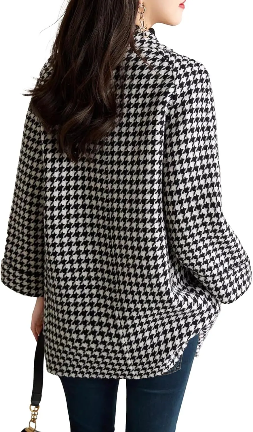 SOMTHRON Women's Houndstooth Blazer Jackets Double Breasted Notch Lapel Trench Coat Peacoat Plaid Overcoat