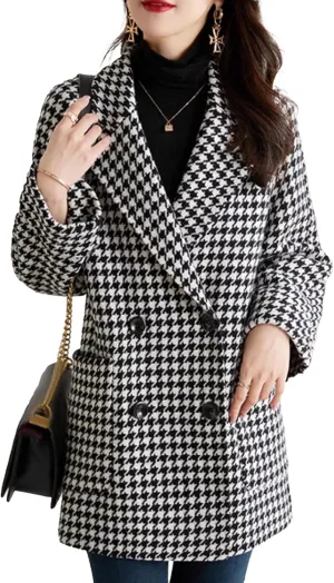SOMTHRON Women's Houndstooth Blazer Jackets Double Breasted Notch Lapel Trench Coat Peacoat Plaid Overcoat