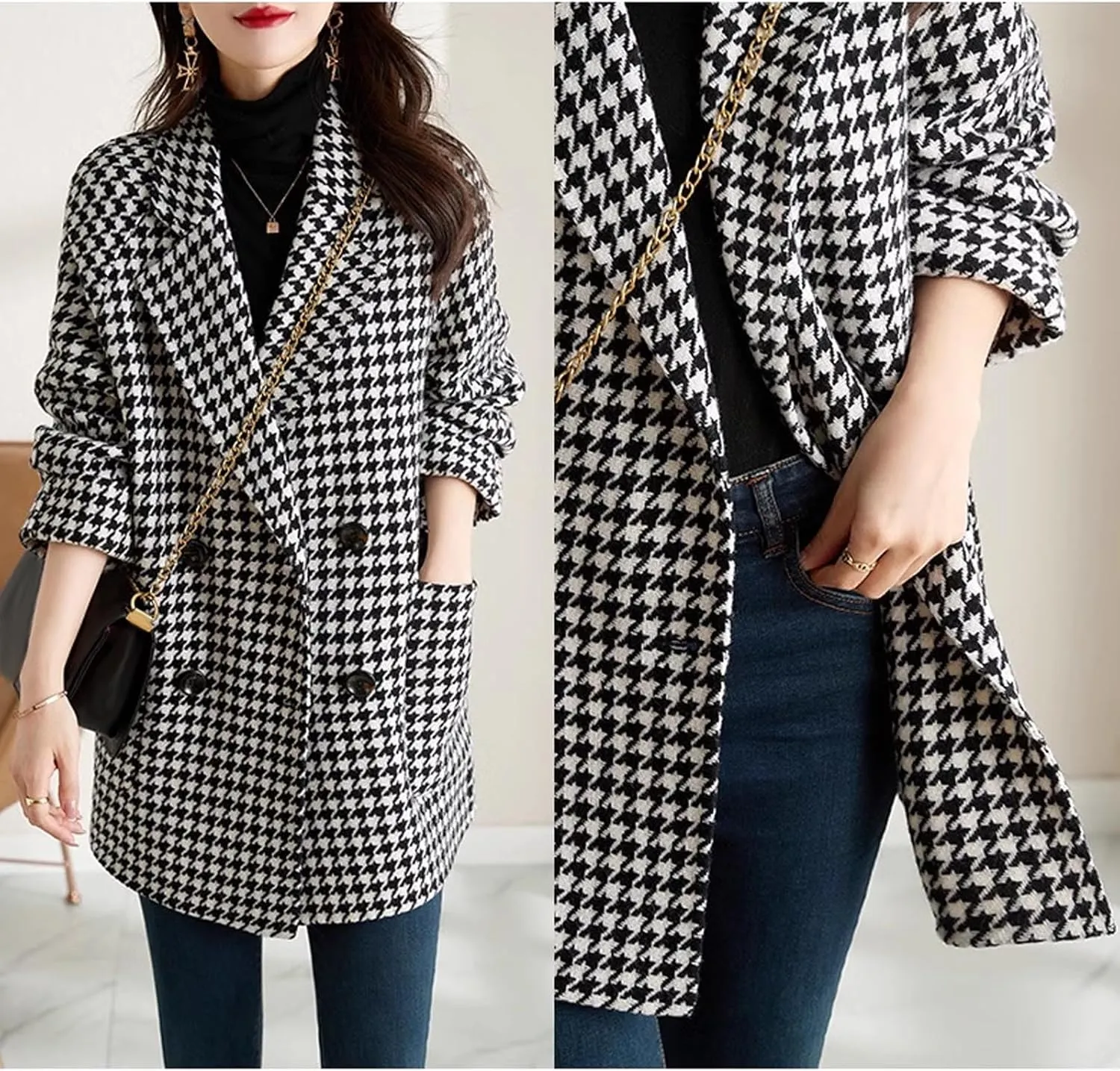SOMTHRON Women's Houndstooth Blazer Jackets Double Breasted Notch Lapel Trench Coat Peacoat Plaid Overcoat