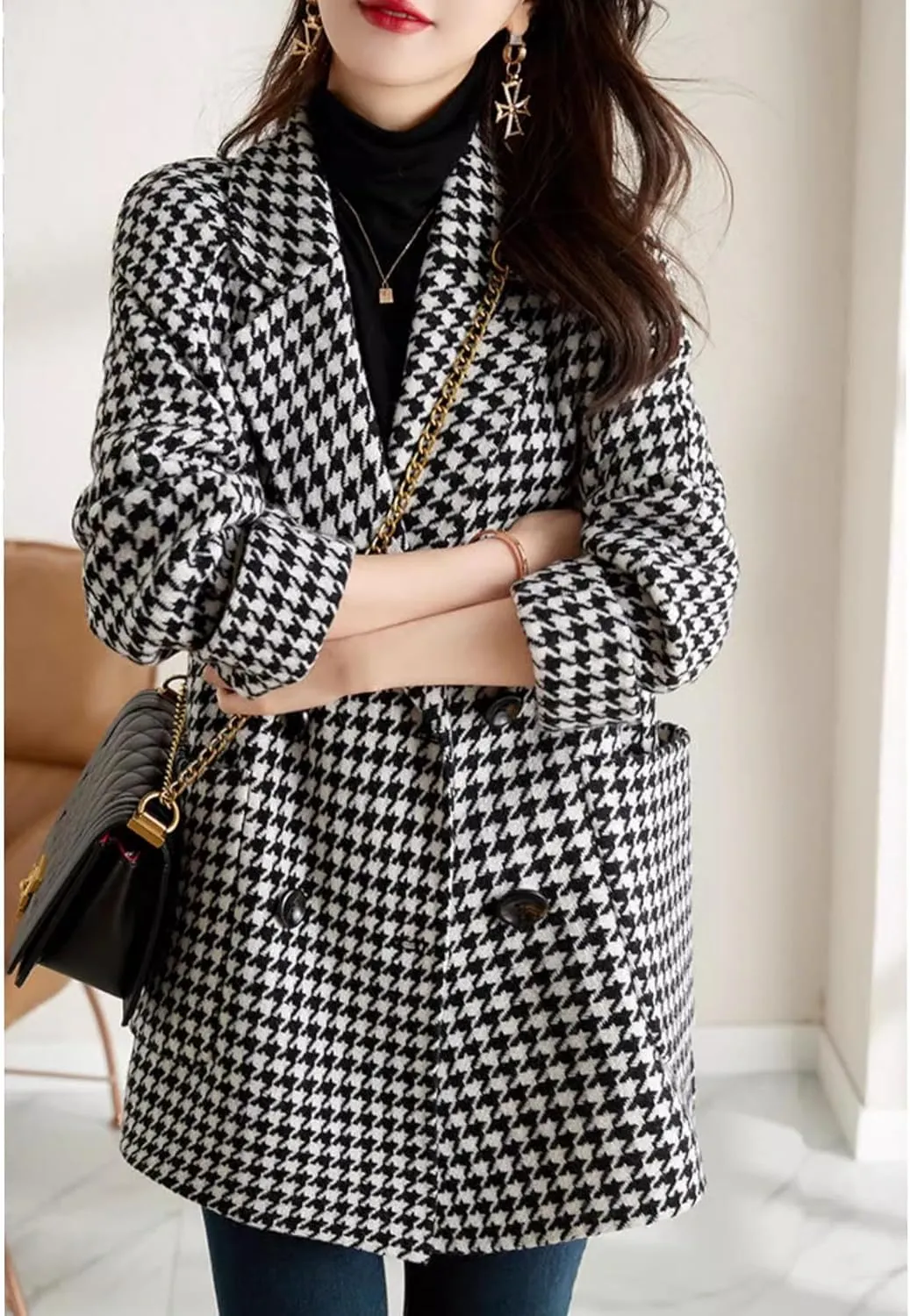 SOMTHRON Women's Houndstooth Blazer Jackets Double Breasted Notch Lapel Trench Coat Peacoat Plaid Overcoat