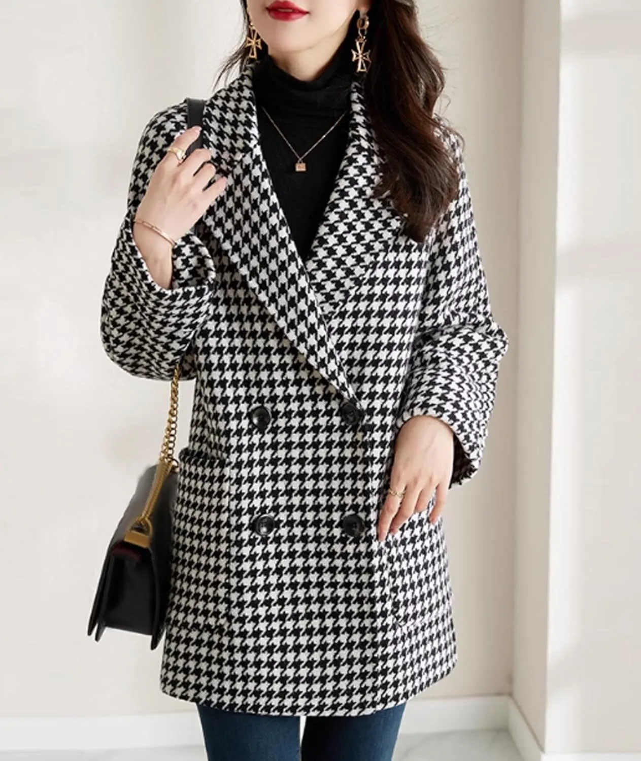 SOMTHRON Women's Houndstooth Blazer Jackets Double Breasted Notch Lapel Trench Coat Peacoat Plaid Overcoat