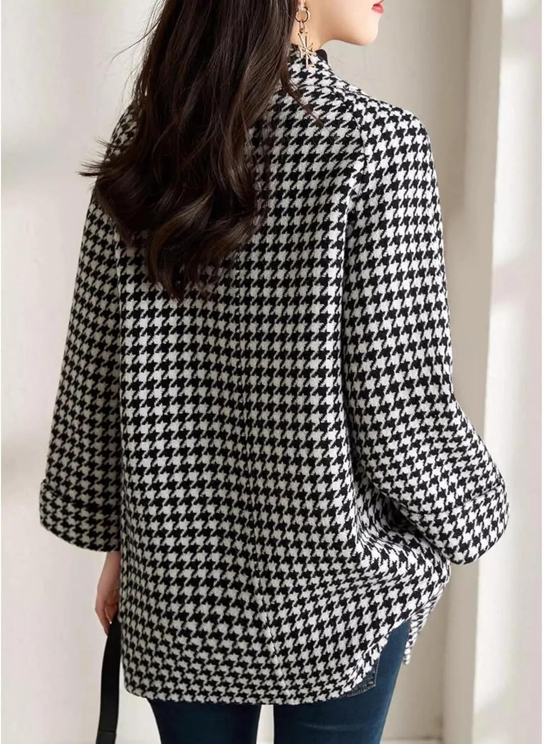 SOMTHRON Women's Houndstooth Blazer Jackets Double Breasted Notch Lapel Trench Coat Peacoat Plaid Overcoat