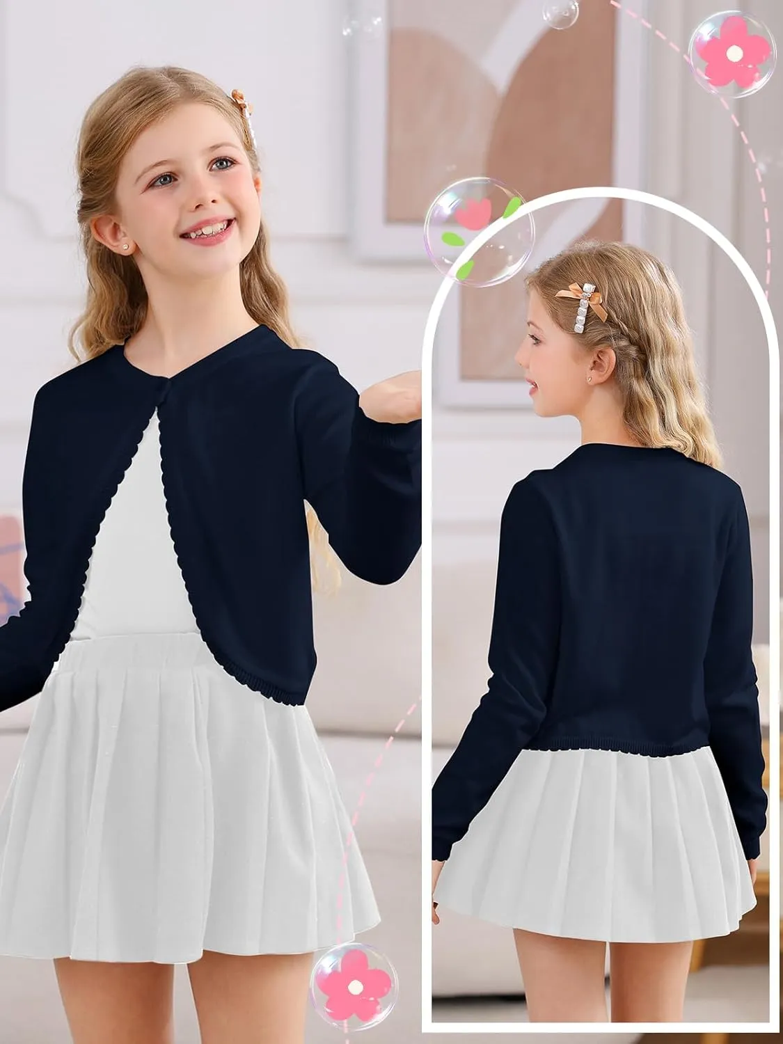Soudittur Girls Cardigan Sweaters Cotton Long Sleeve Toddler Shrug Button Closure Knitted Dress Cover Up 3-12 Years