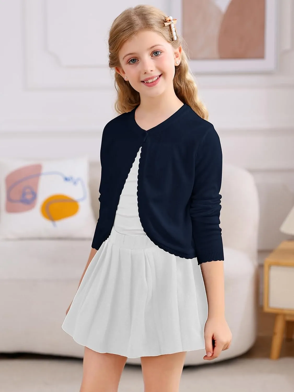 Soudittur Girls Cardigan Sweaters Cotton Long Sleeve Toddler Shrug Button Closure Knitted Dress Cover Up 3-12 Years