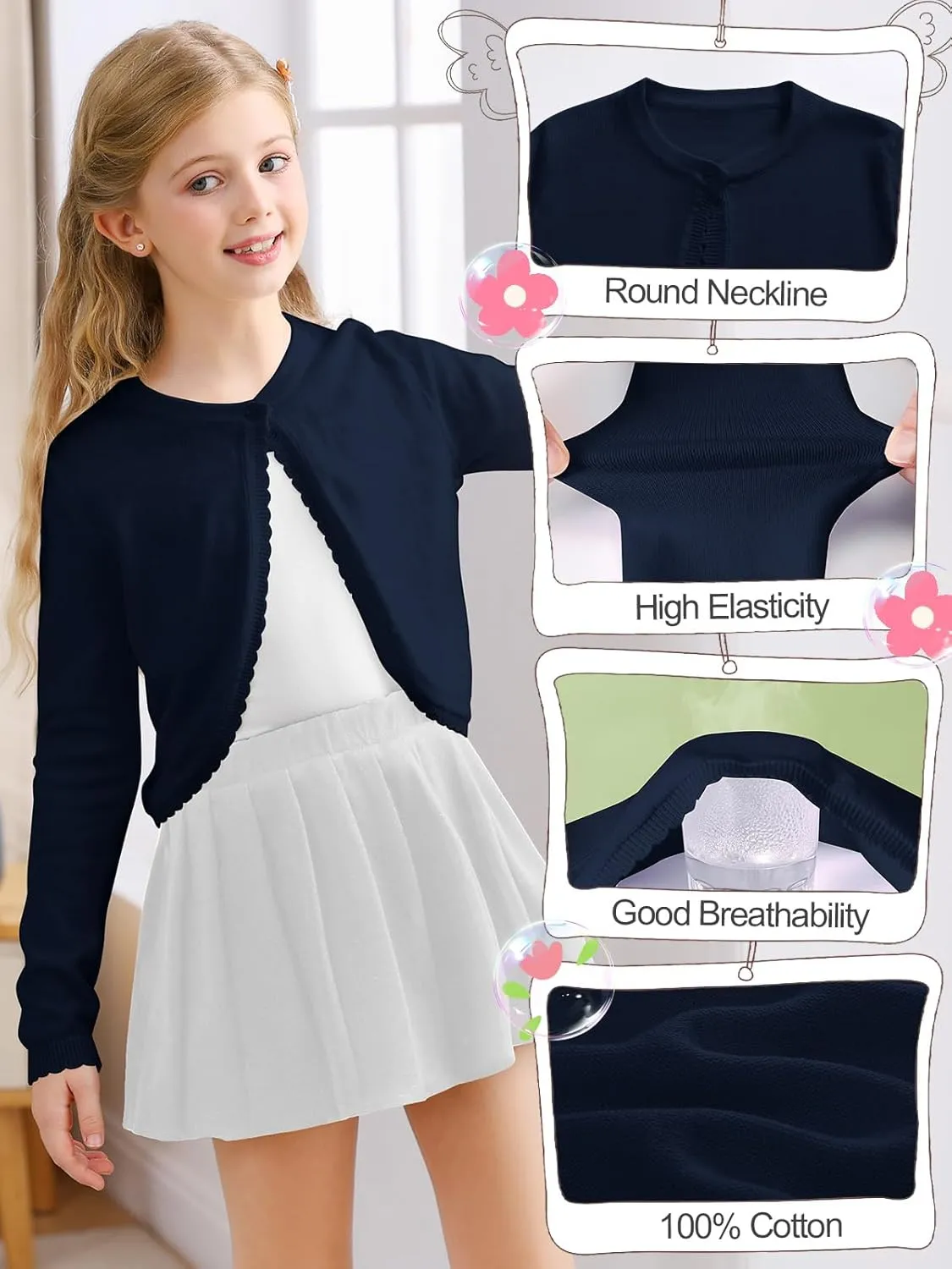 Soudittur Girls Cardigan Sweaters Cotton Long Sleeve Toddler Shrug Button Closure Knitted Dress Cover Up 3-12 Years