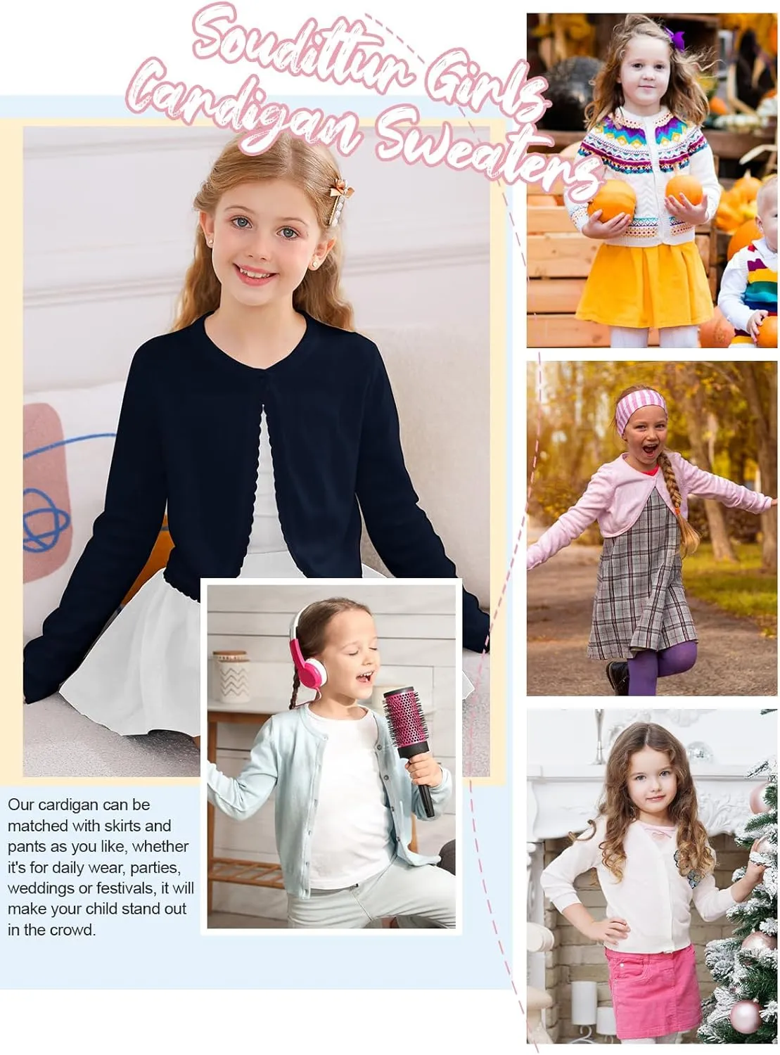Soudittur Girls Cardigan Sweaters Cotton Long Sleeve Toddler Shrug Button Closure Knitted Dress Cover Up 3-12 Years