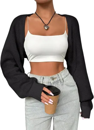 SPR&JOY Womens Bolero Shrug Sweaters, Knitted Open Front Long Sleeve Cropped Tops, Solid Cute Sexy Casual Fashion Cardigans Black