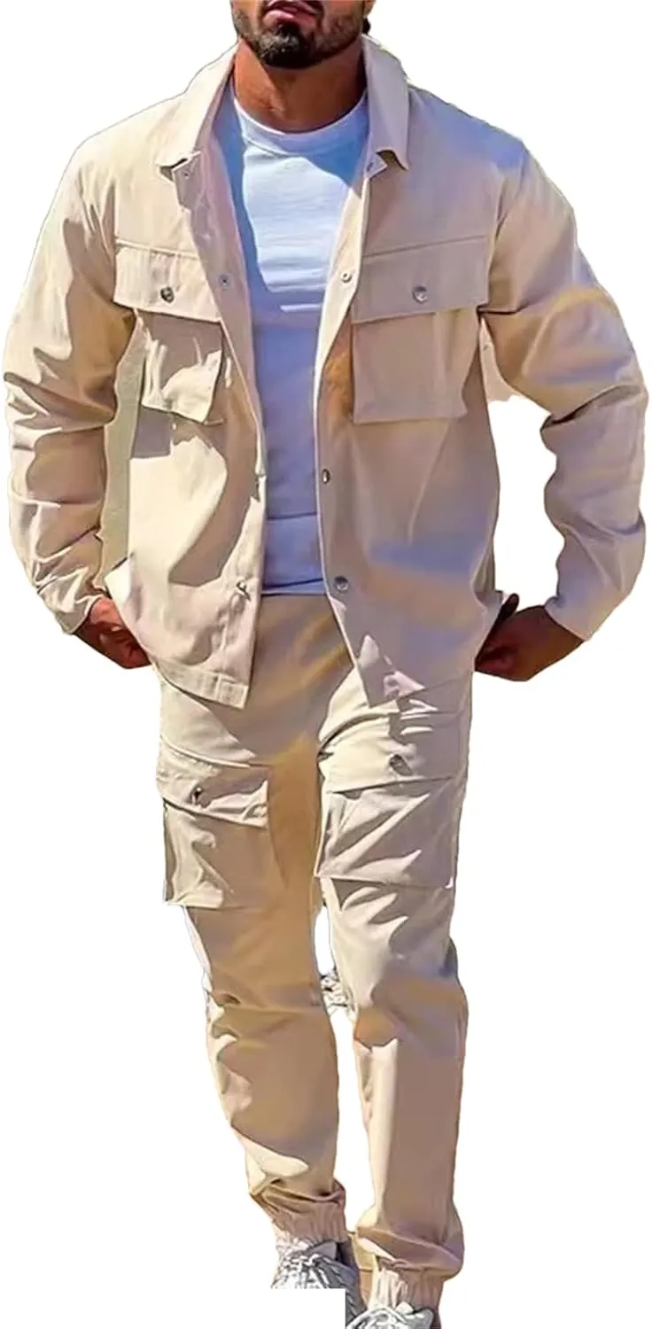 Spring Autumn Men Turn-Down Collar Jackets Pockets Cargo Pants Suits Men Stylish Slim Outfits