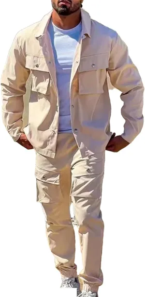 Spring Autumn Men Turn-Down Collar Jackets Pockets Cargo Pants Suits Men Stylish Slim Outfits