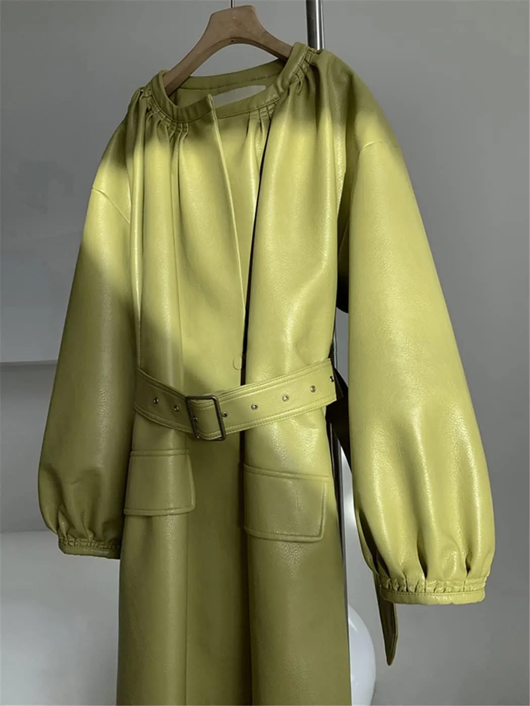 Spring Long Leather Jacket, Lantern Sleeve Belt Faux Leather Coat, Women Korean Fashion Trench