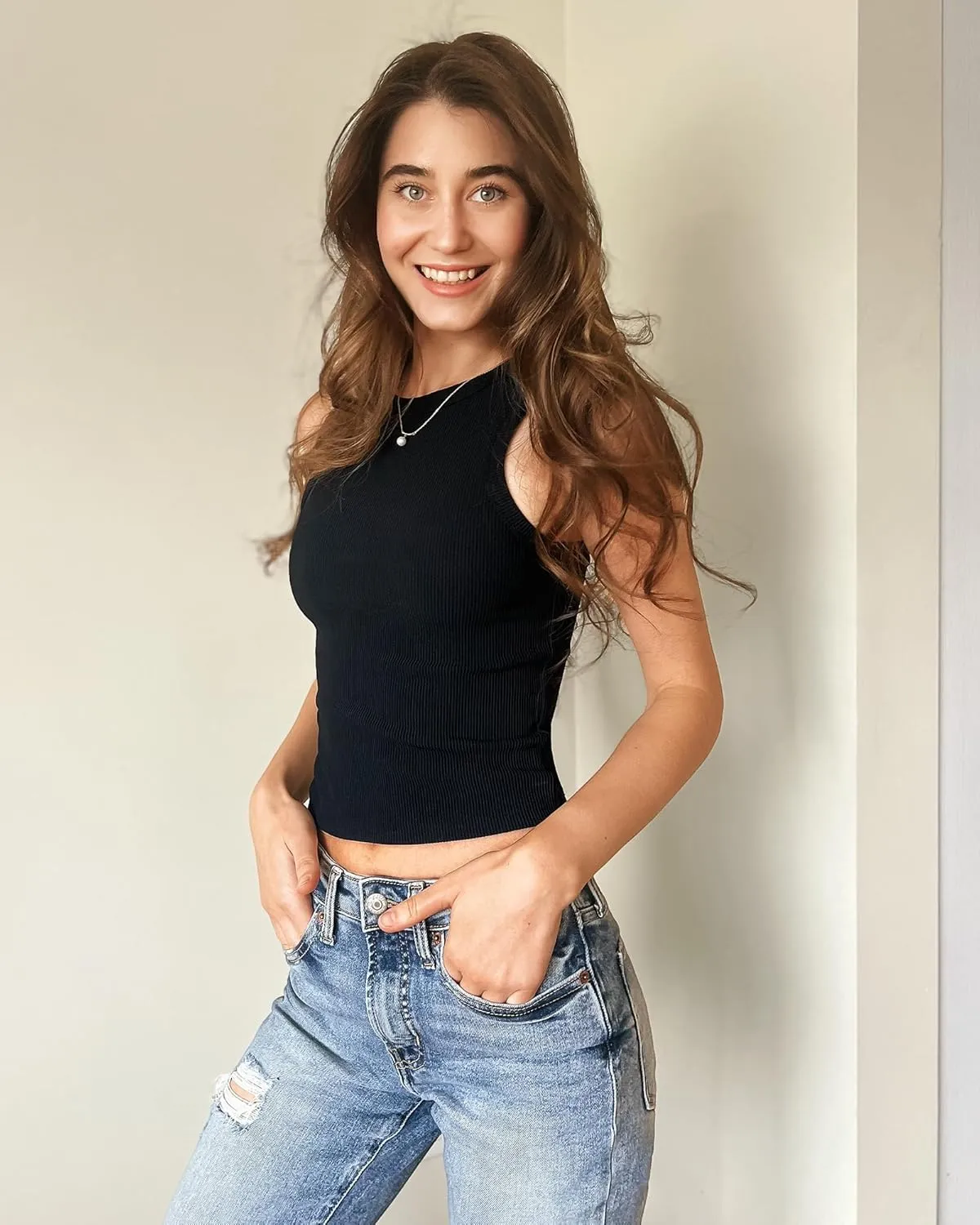 Stelle Ribbed Tank Tops for Women High Neck Sleeveless Cami Stretch Slim Top Casual Workout Basic Tshirt