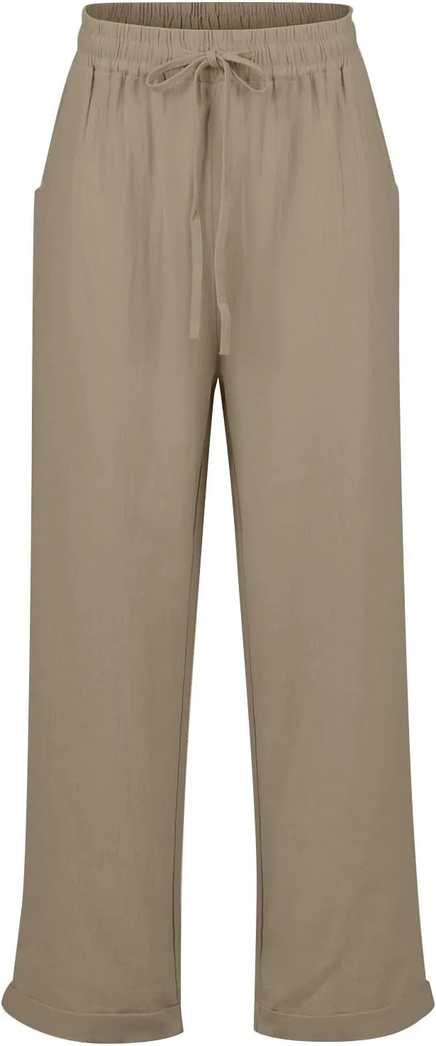 Straight Leg Pants for Women Casual High Waisted Linen Capri Pants Lightweight Comfy Lounge Trousers with Pockets