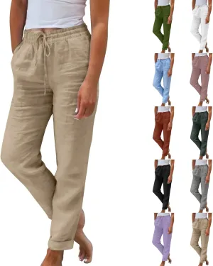 Straight Leg Pants for Women Casual High Waisted Linen Capri Pants Lightweight Comfy Lounge Trousers with Pockets