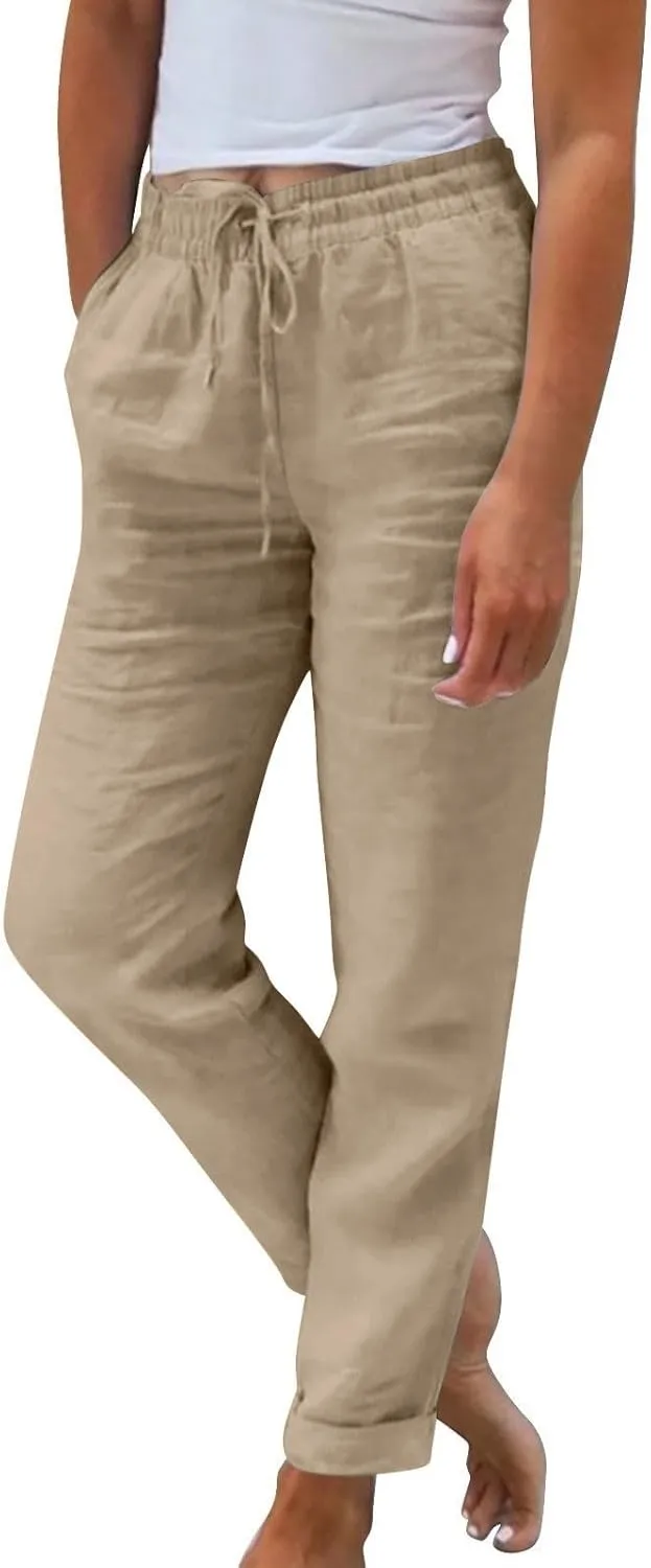 Straight Leg Pants for Women Casual High Waisted Linen Capri Pants Lightweight Comfy Lounge Trousers with Pockets