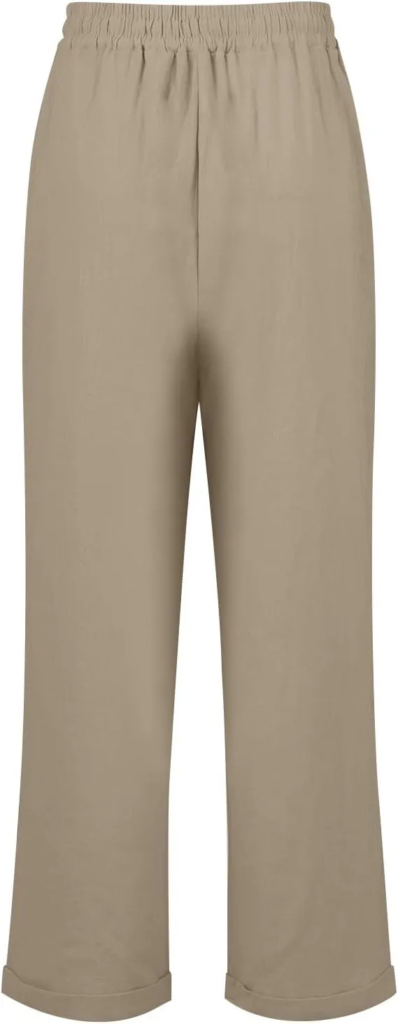 Straight Leg Pants for Women Casual High Waisted Linen Capri Pants Lightweight Comfy Lounge Trousers with Pockets