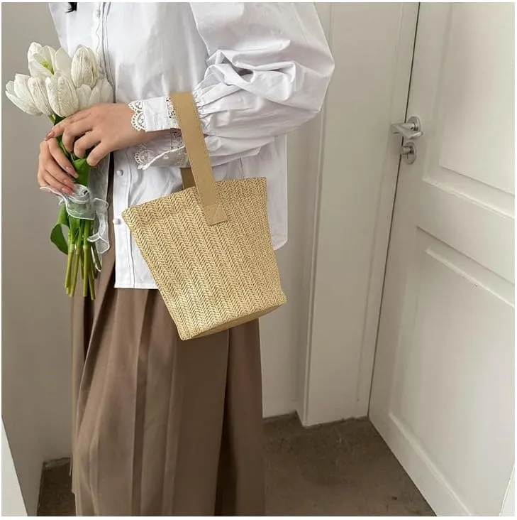 Straw Bucket Bag for Women Trendy Handbag Stylish Woven Purse for Vocation Work Shopping