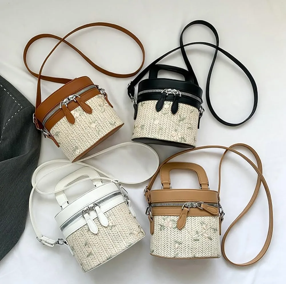 Straw Woven Bucket Bag Women Large Capacity Shoulder Bag Stylish Satchel Handbag Purses for Vacation Travel