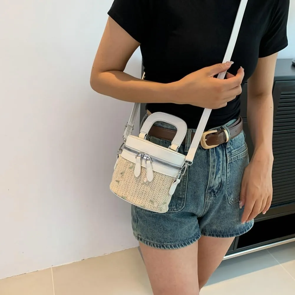 Straw Woven Bucket Bag Women Large Capacity Shoulder Bag Stylish Satchel Handbag Purses for Vacation Travel