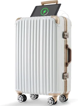 Stylish and 24in Aluminum Frame Luggage with USB Port and Spinner Wheels, Gloss White