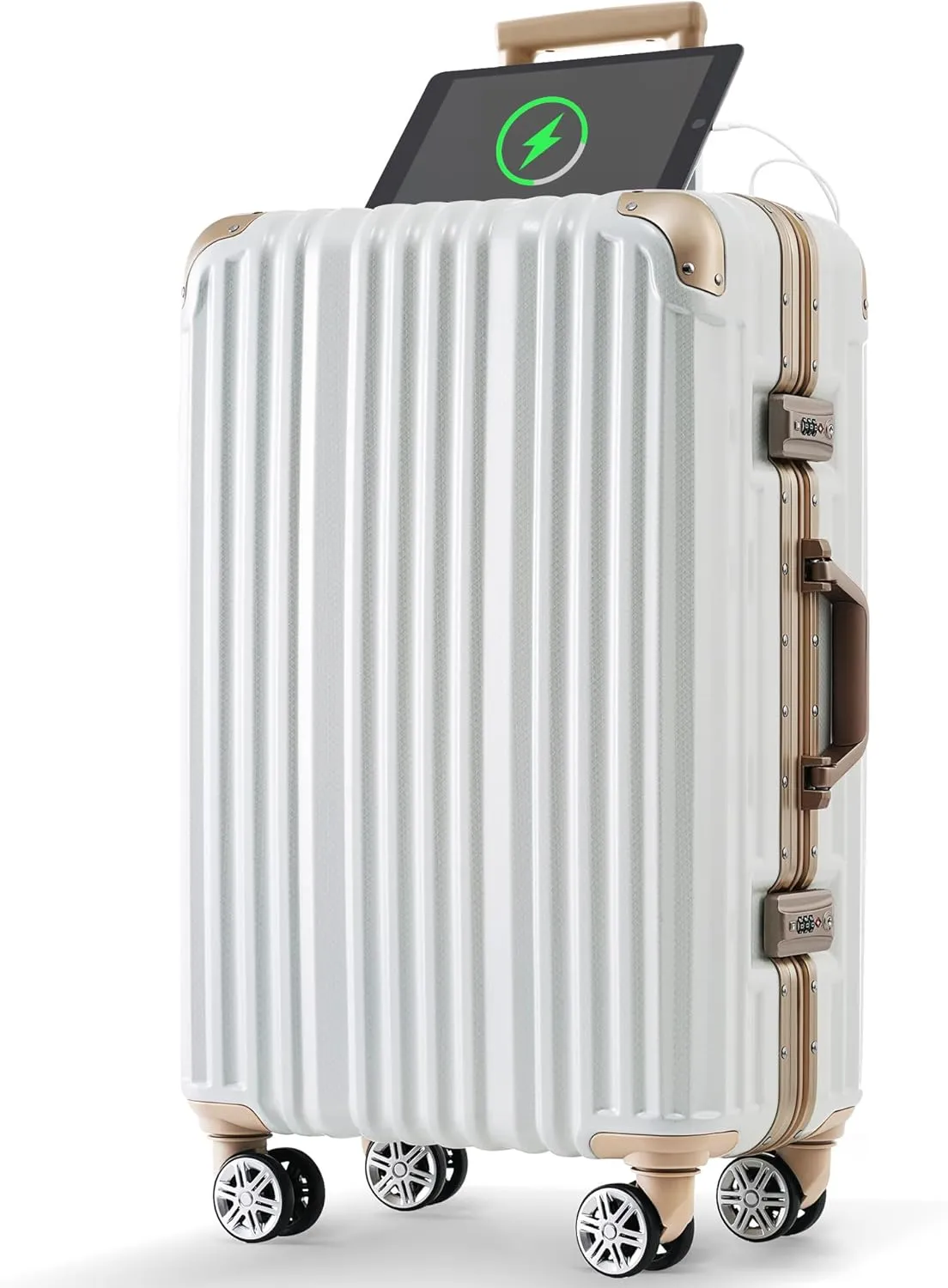 Stylish and Durable 24in Aluminum Frame Luggage with USB Port, Spinner Wheels, Gloss White