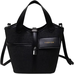 Stylish Canvas Tote Bag & Water Bucket Handbag with Adjustable Strap, Multiple Colors, Fashionable Hardware (Black)