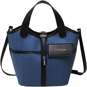 Stylish Canvas Tote Bag & Water Bucket Handbag with Adjustable Strap, Multiple Colors, Fashionable Hardware (Blue)
