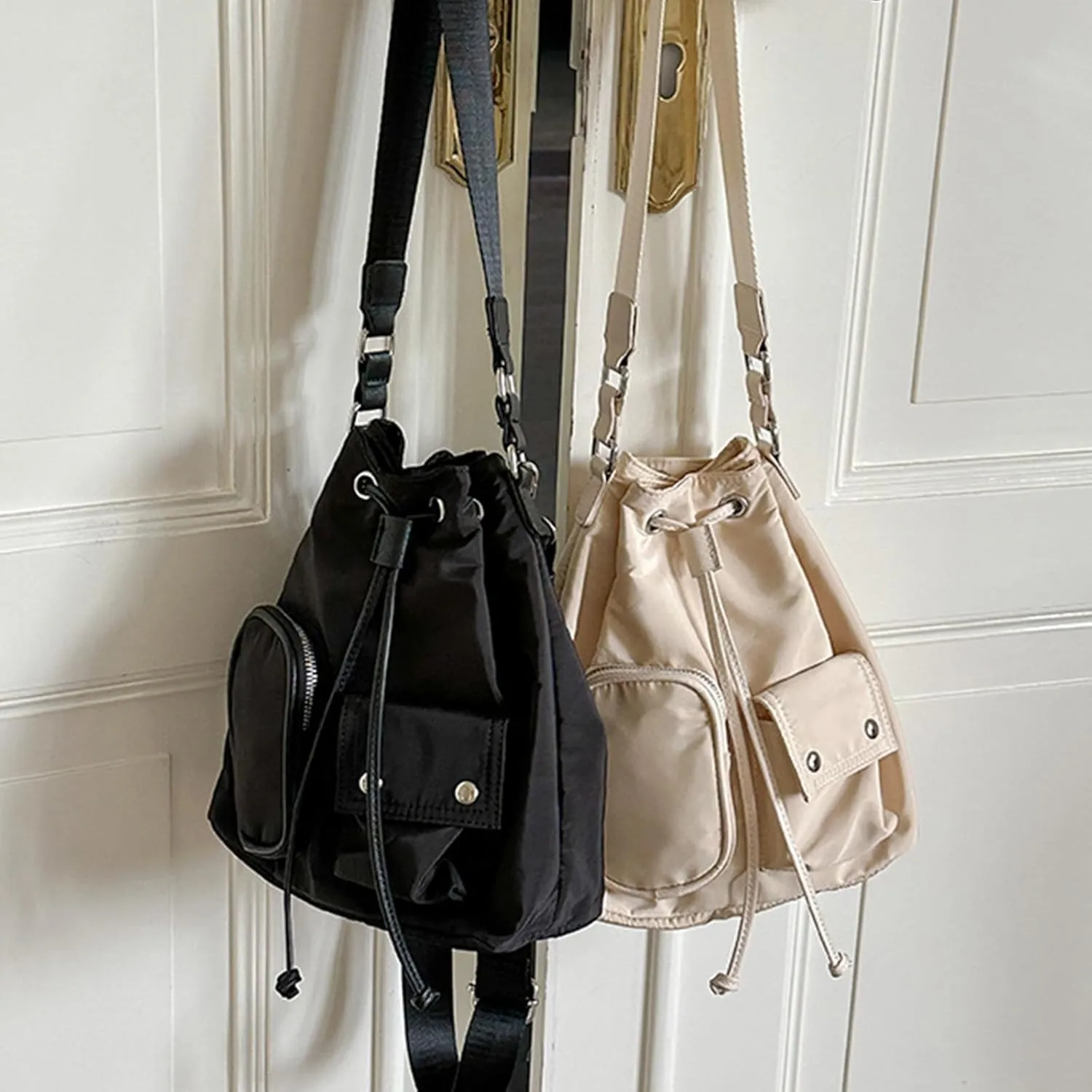 Stylish Drawstring Bucket Bag for Women Fashion Nylon Shoulder Bags Top Handle Crossbody Bag