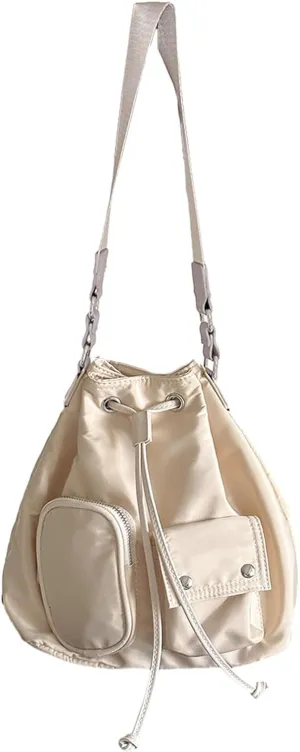 Stylish Drawstring Bucket Bag for Women Fashion Nylon Shoulder Bags Top Handle Crossbody Bag