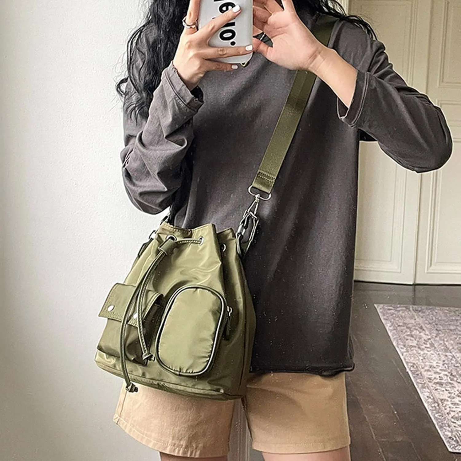 Stylish Drawstring Bucket Bag for Women Fashion Nylon Shoulder Bags Top Handle Crossbody Bag