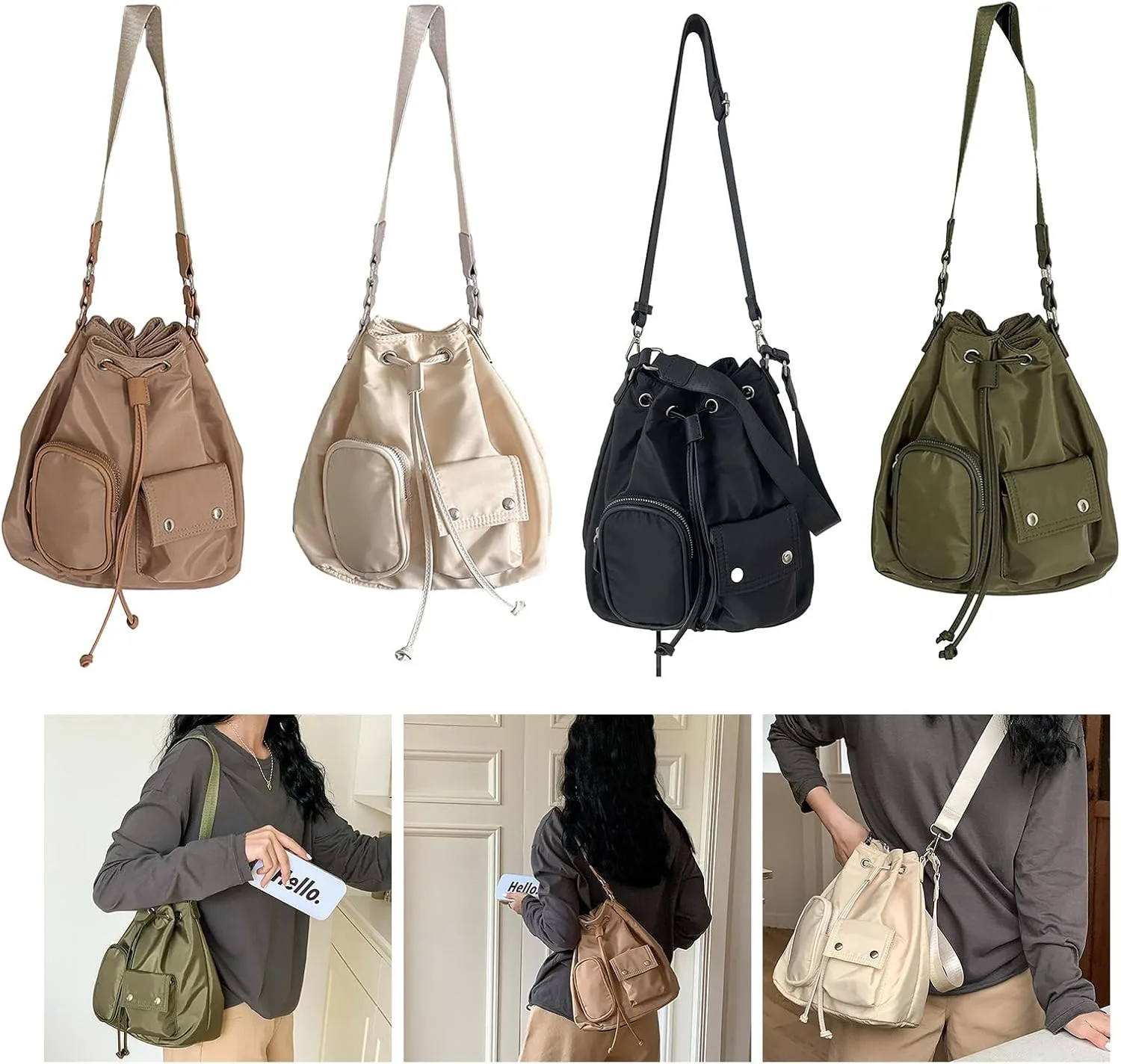 Stylish Drawstring Bucket Bag for Women Fashion Nylon Shoulder Bags Top Handle Crossbody Bag
