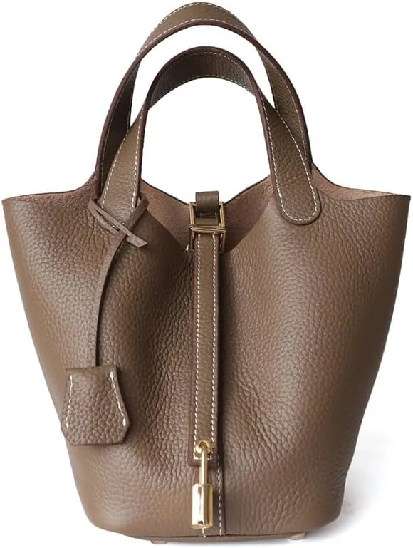 Stylish Leather Bucket Handbag for Women - Trendy Plain Color with Secure Lock Design, Fashionable Shoulder Bag