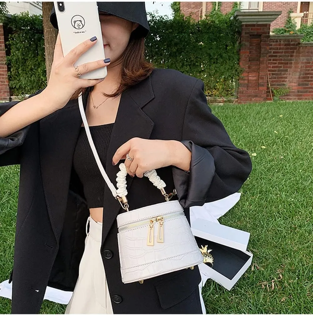 Stylish Leather Satchel Handbag for Women | Fashionable Cylinder Purse | Top Handle Crossbody Bag in Black
