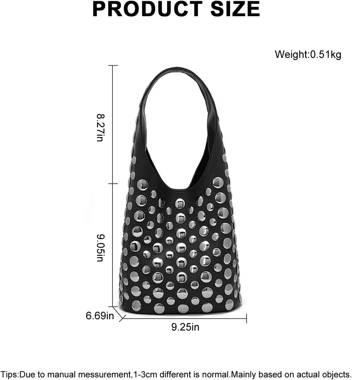 Stylish Studded Hobo Bag, Y2K Purse with Magnetic Closure, Mid-Sized Bucket HandbagDaily matching use