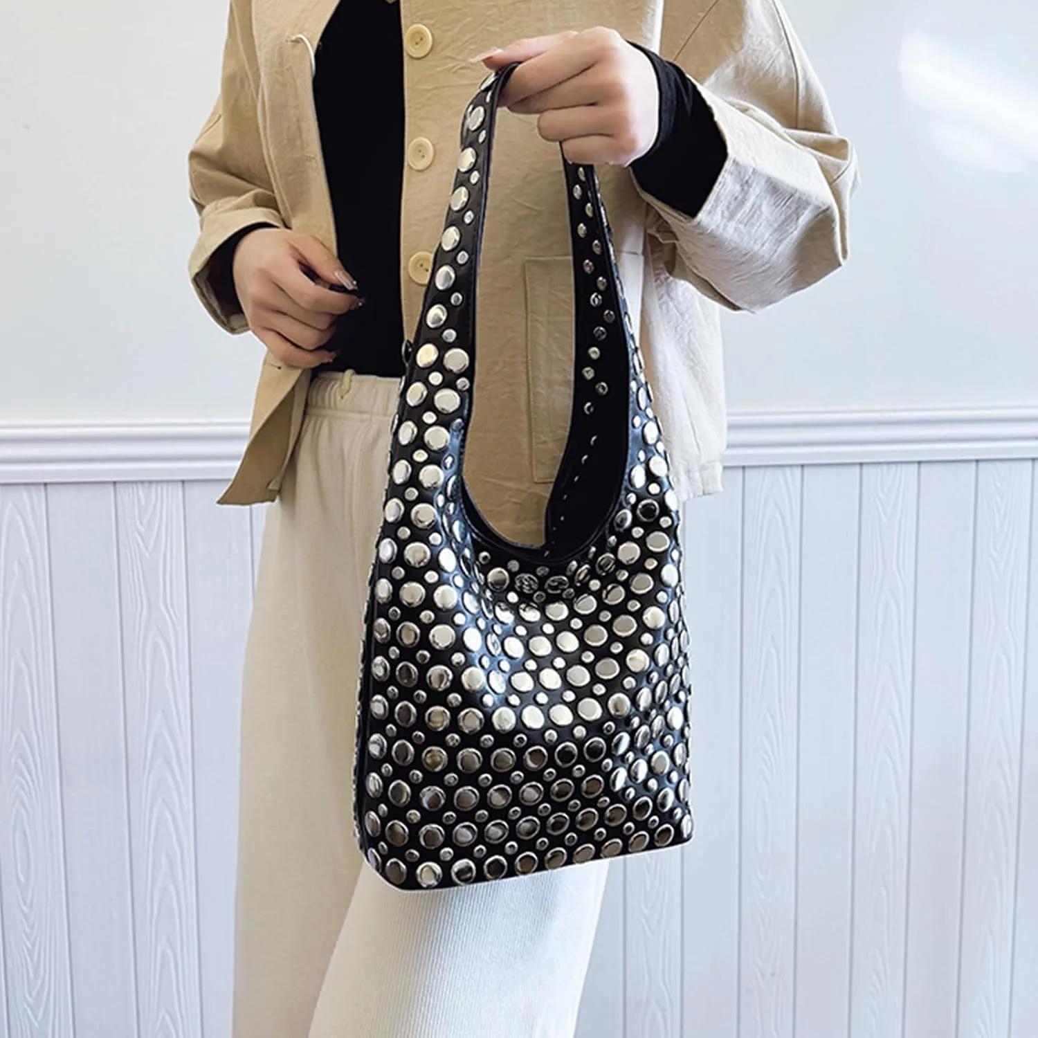 Stylish Studded Hobo Bag, Y2K Purse with Magnetic Closure, Mid-Sized Bucket HandbagDaily matching use