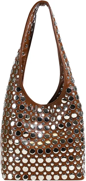 Stylish Studded Hobo Bag, Y2K Purse with Magnetic Closure, Mid-Sized Bucket HandbagDaily matching use
