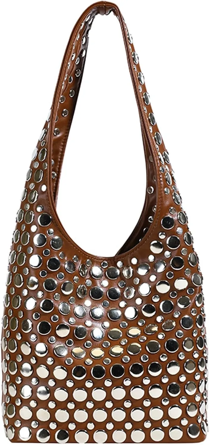 Stylish Studded Hobo Bag, Y2K Purse with Magnetic Closure, Mid-Sized Bucket HandbagDaily matching use