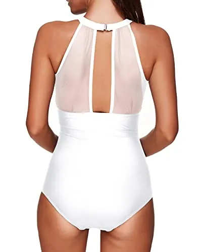 Stylish Tummy Control High Neck Ruched Mesh Monokini For Women-White
