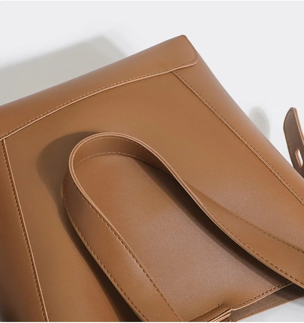 Stylish Vegan Leather Large Shoulder Bag for Women - Fashionable Crossbody Bucket Purse Tote (Brown)