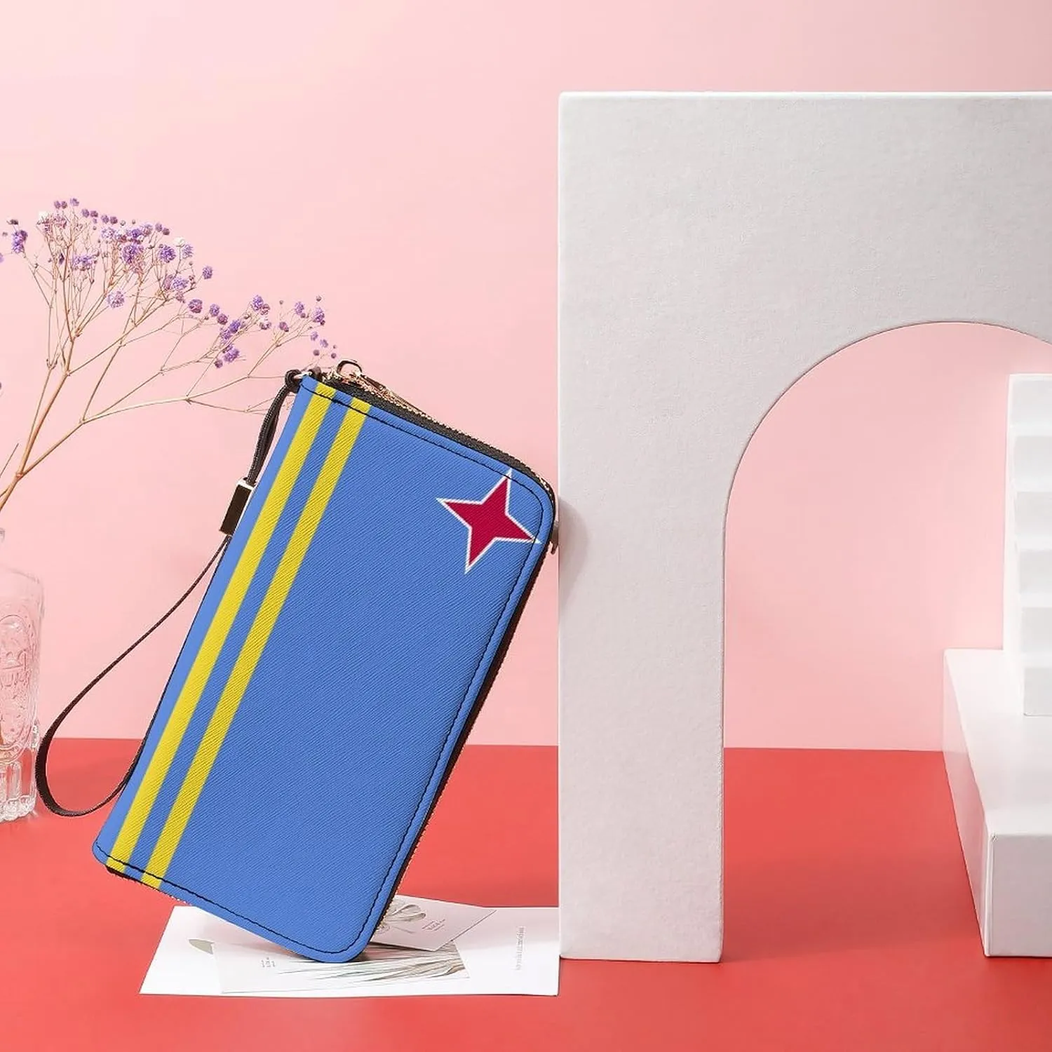 Stylish Women Men Zipper Long Purse Removable Wristlet PU Leather Wallet Travel Clutch, Aruba Flag