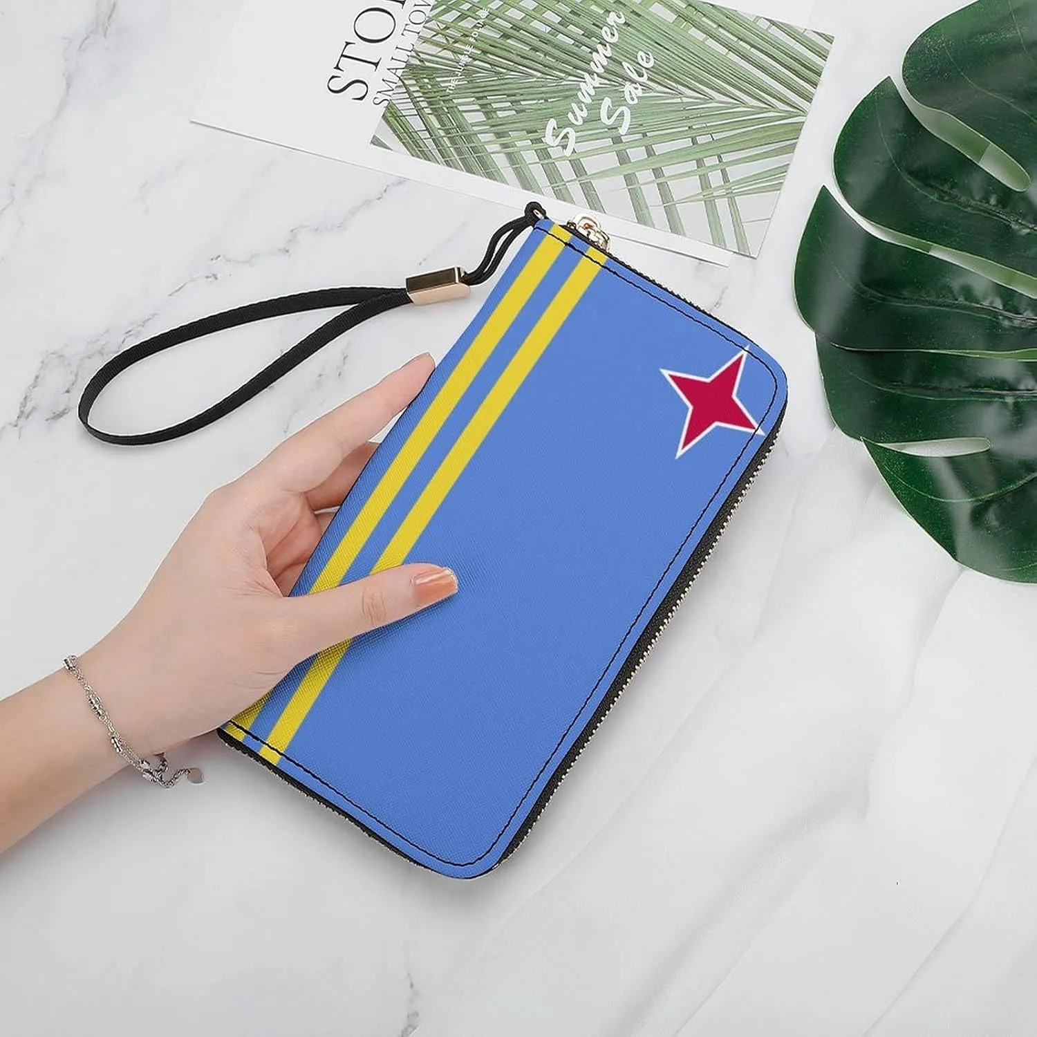 Stylish Women Men Zipper Long Purse Removable Wristlet PU Leather Wallet Travel Clutch, Aruba Flag