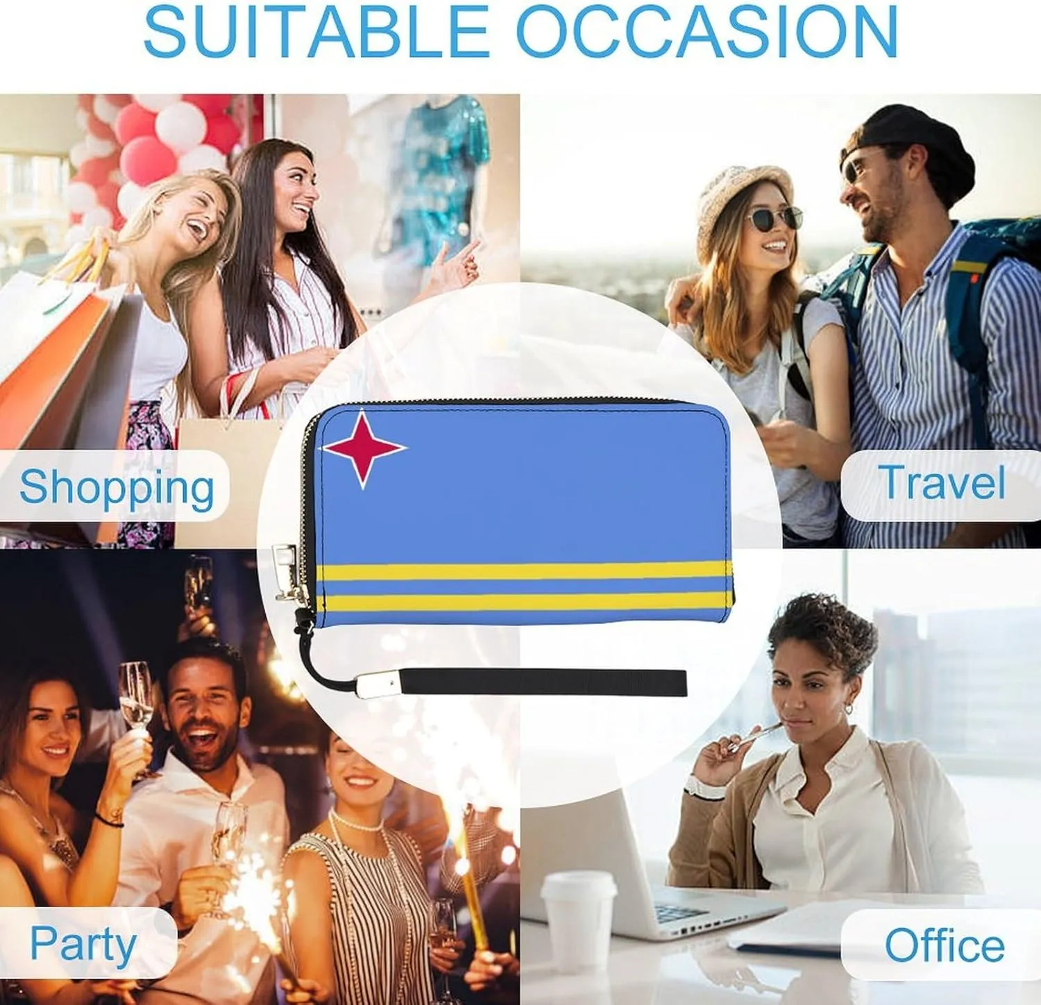 Stylish Women Men Zipper Long Purse Removable Wristlet PU Leather Wallet Travel Clutch, Aruba Flag