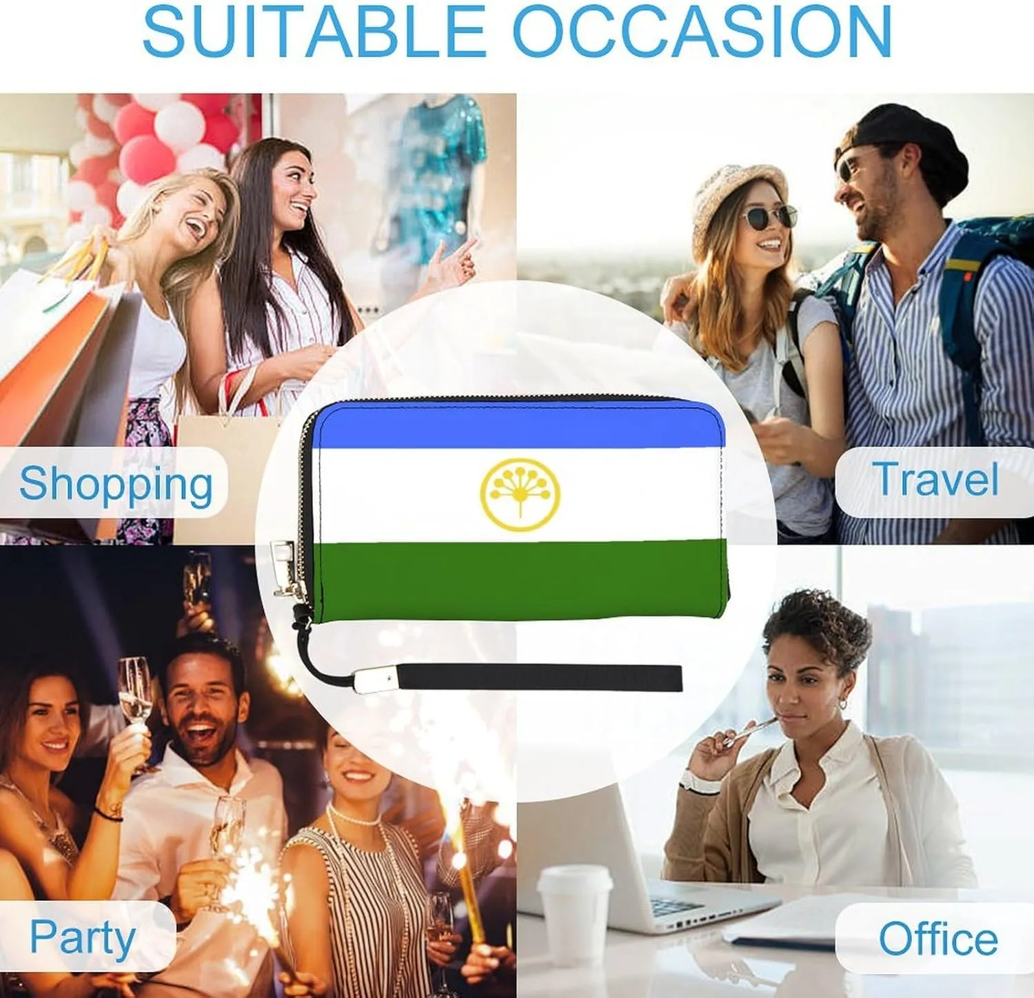 Stylish Women Men Zipper Long Purse Removable Wristlet PU Leather Wallet Travel Clutch, Bashkortostan Flag
