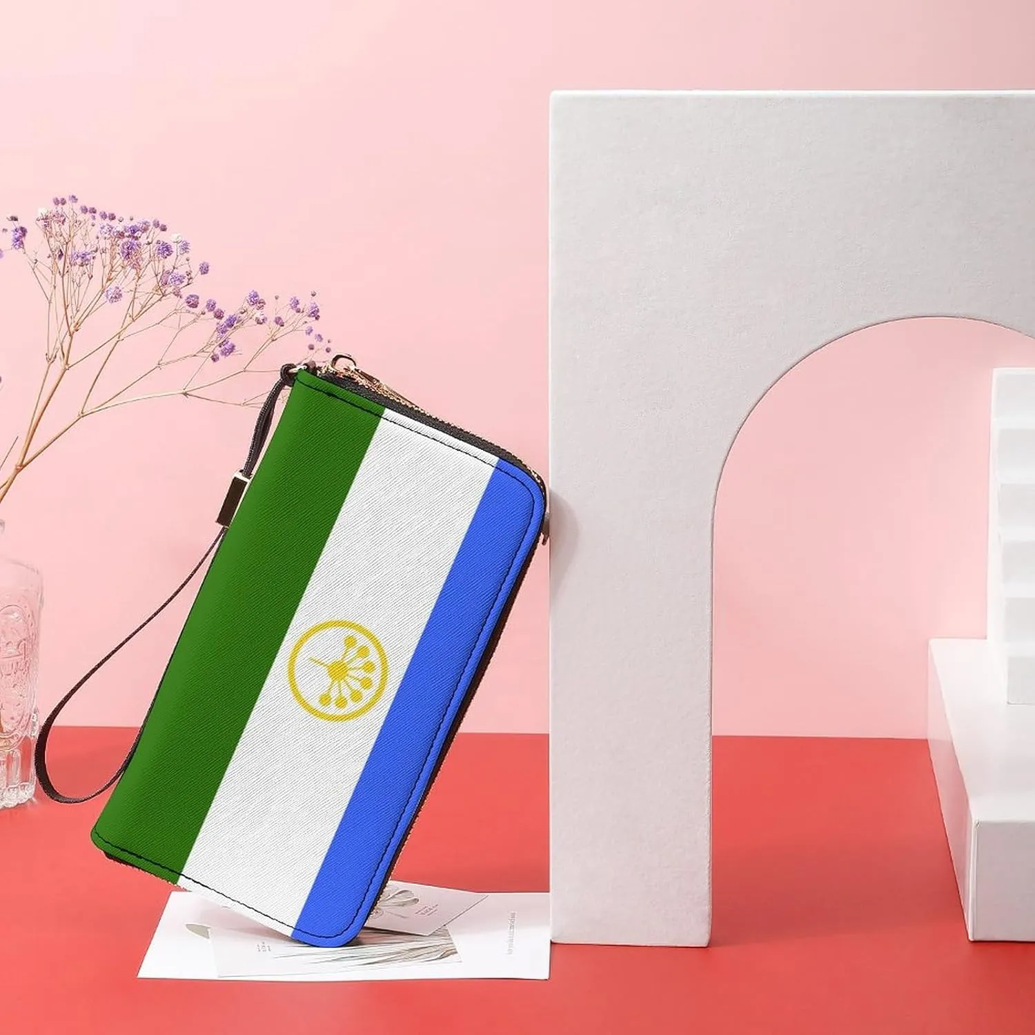 Stylish Women Men Zipper Long Purse Removable Wristlet PU Leather Wallet Travel Clutch, Bashkortostan Flag