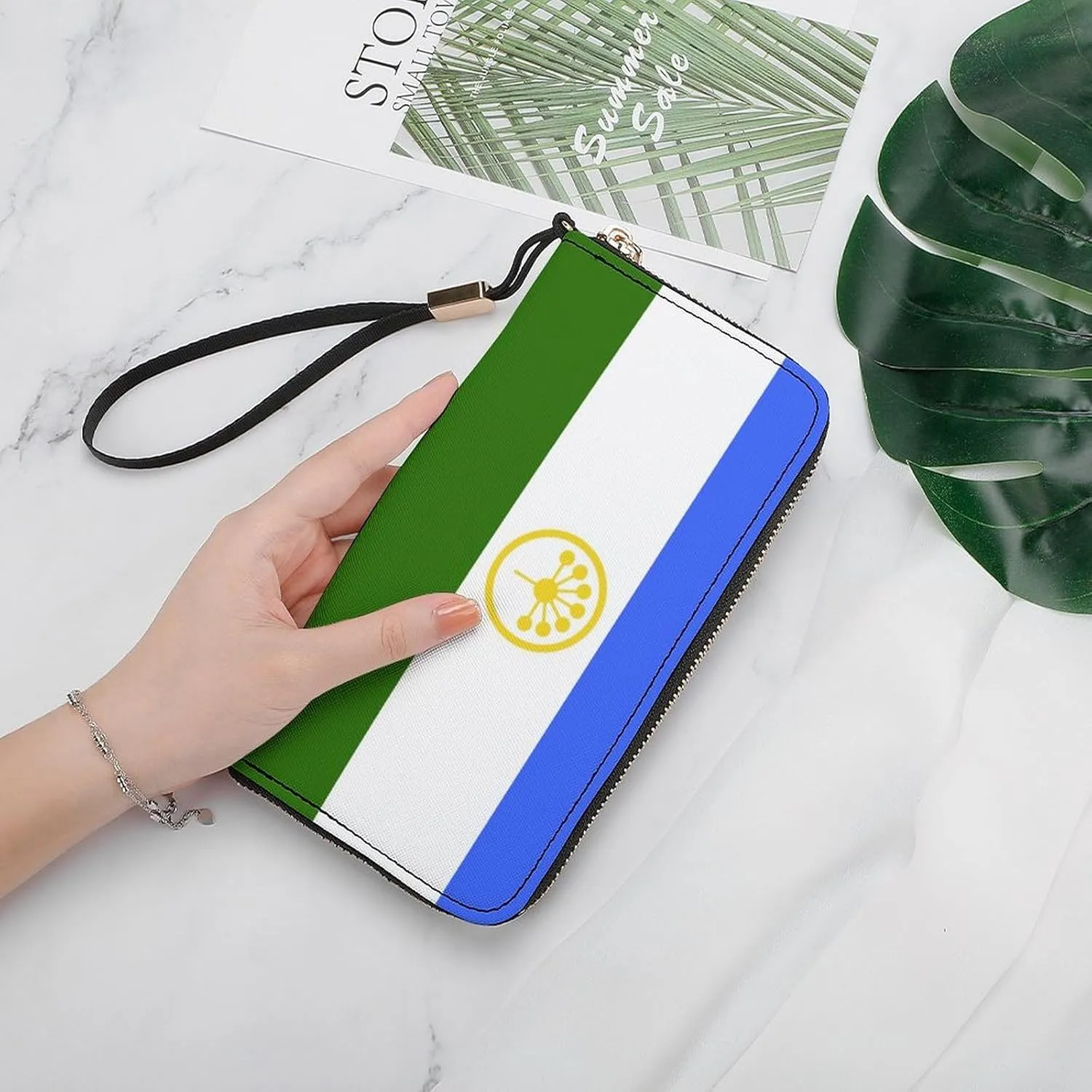 Stylish Women Men Zipper Long Purse Removable Wristlet PU Leather Wallet Travel Clutch, Bashkortostan Flag
