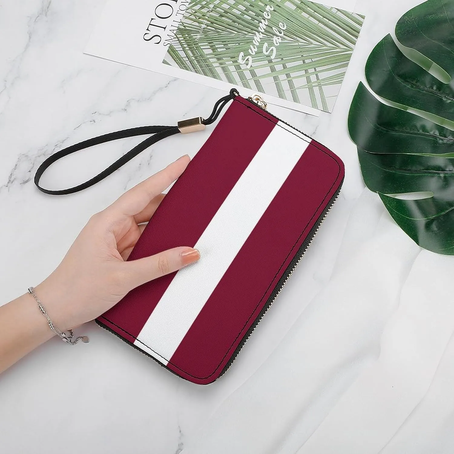 Stylish Women Men Zipper Long Purse Removable Wristlet PU Leather Wallet Travel Clutch, Latvia Flag