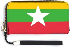 Stylish Women Men Zipper Long Purse Removable Wristlet PU Leather Wallet Travel Clutch, Myanmar-Flag