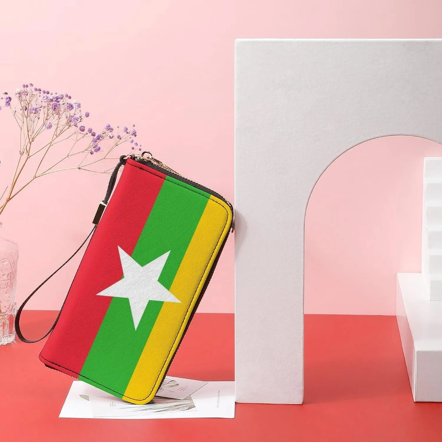 Stylish Women Men Zipper Long Purse Removable Wristlet PU Leather Wallet Travel Clutch, Myanmar-Flag