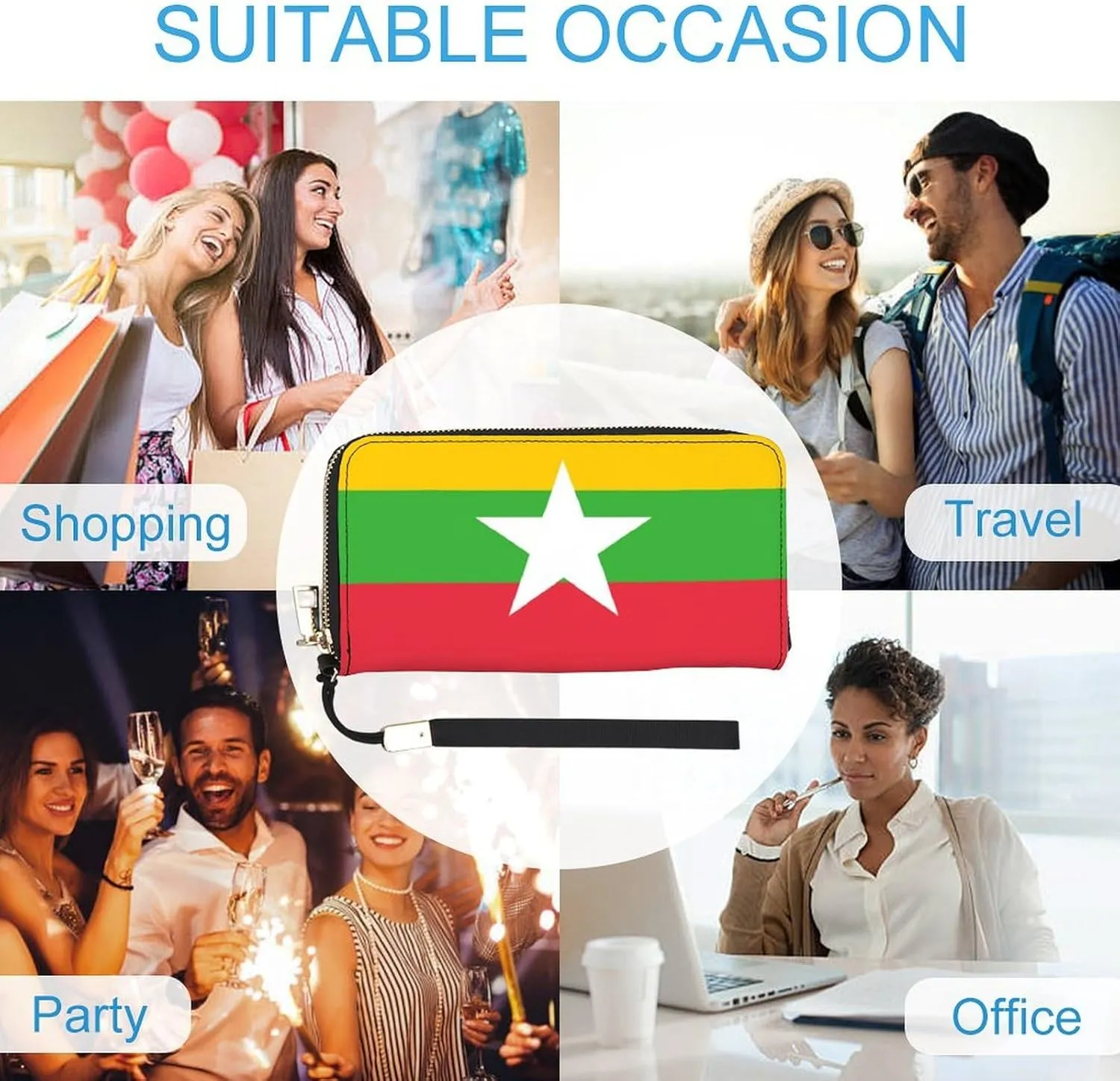 Stylish Women Men Zipper Long Purse Removable Wristlet PU Leather Wallet Travel Clutch, Myanmar-Flag