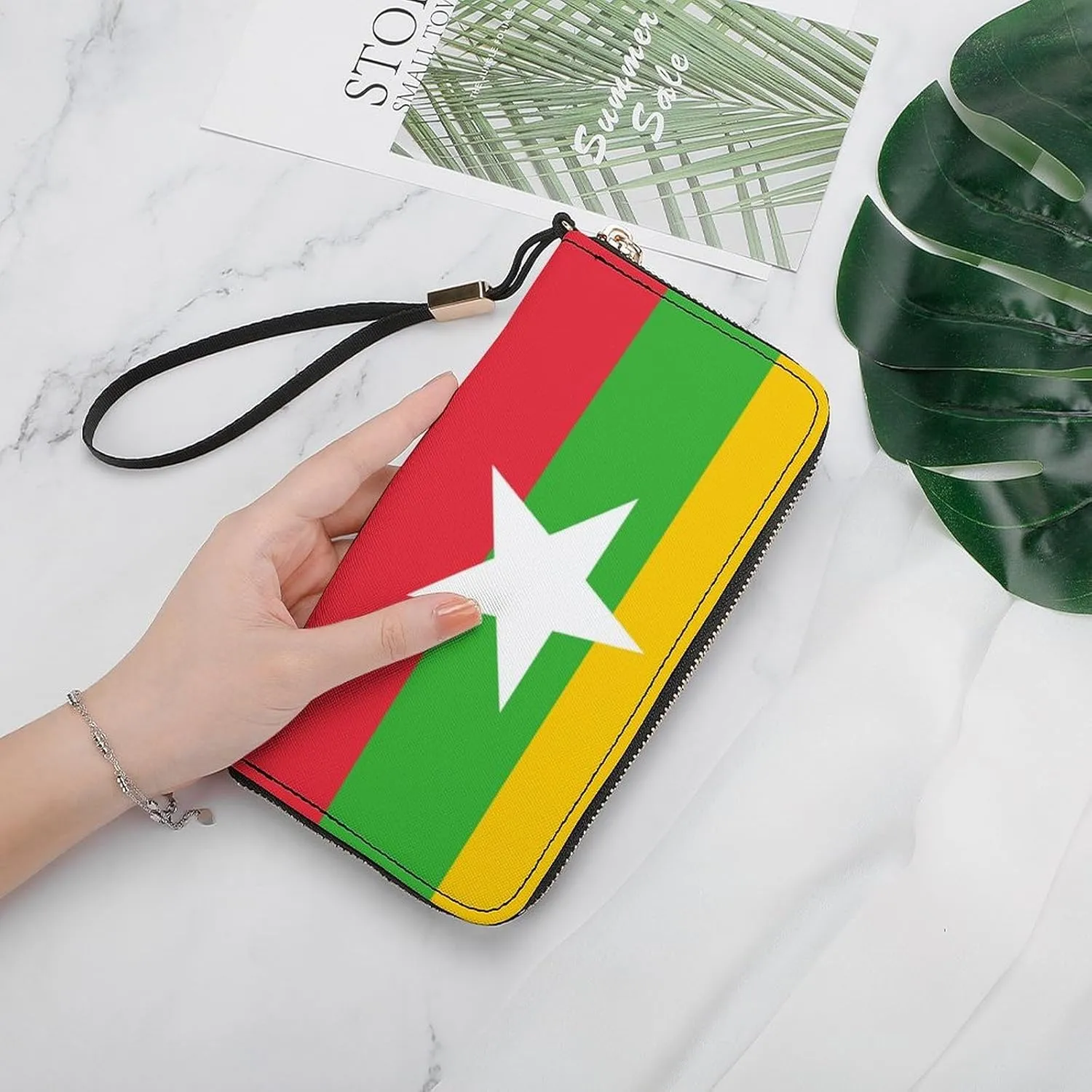 Stylish Women Men Zipper Long Purse Removable Wristlet PU Leather Wallet Travel Clutch, Myanmar-Flag