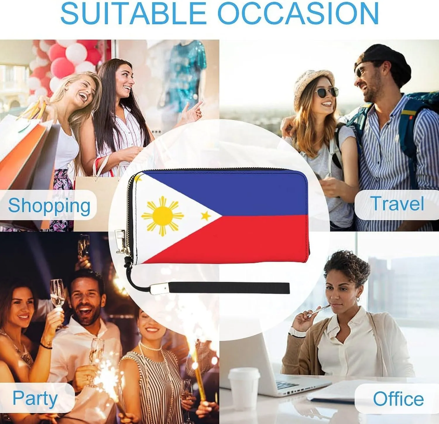 Stylish Women Men Zipper Long Purse Removable Wristlet PU Leather Wallet Travel Clutch, Philippines Flag
